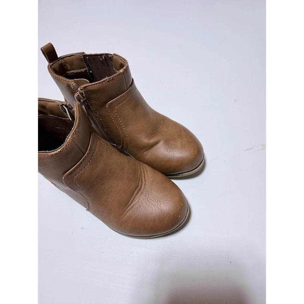 Toddler Kids Brown Faux Leather Ankle Boots Side Zip Booties Size 8